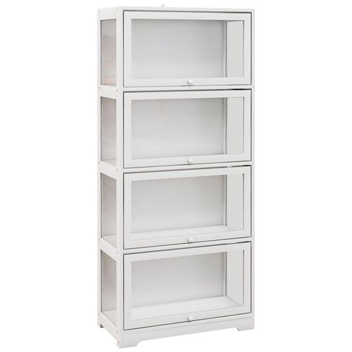 Vitrine Colonne 4 Niveaux - 4 Portes Abattantes - Dim. 59 X 30 X 139 Cm - Mdf Blanc Acrylique Transparent
