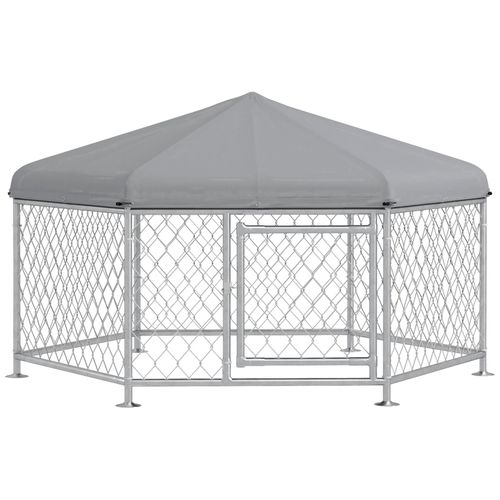 Chenil Pour Chien Entièrement Couvert - Enclos Chien - Dim. 210l X 185l X 120h Cm - Porte Verrouillable - Acier Galvanisé Gris
