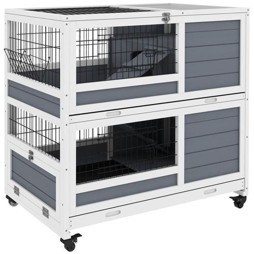 Clapier Cage Lapin Sur Roulettes - 2 Niveaux, 2 Plateaux, 3 Portes, Rampes - Bois Sapin Gris Blanc