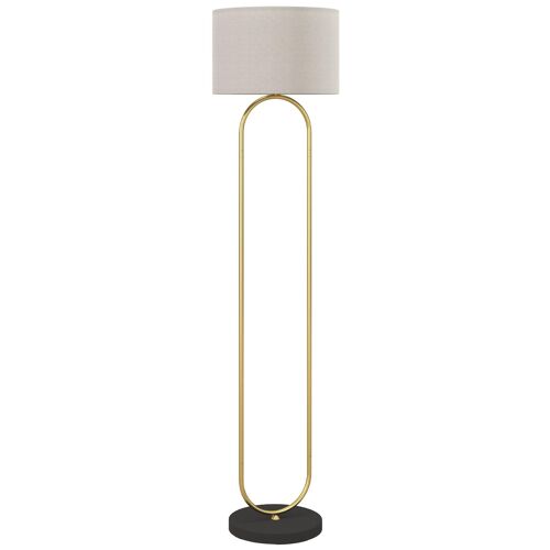 Lampadaire Design Néo-Rétro H.156 Cm Structure Mât Métal Doré Arrondi Abat-Jour Tissu Lin