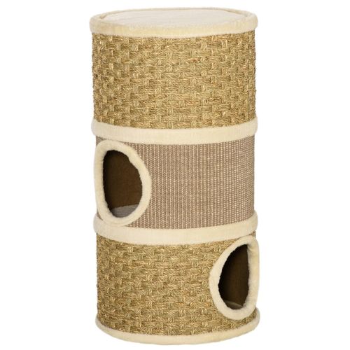 Arbre À Chat Cylindrique - Tour À Griffer Pour Chat - Arbre À Chat Tour - Tonneau Griffoir - 3 Niches + Plateforme - Sisal Corde D'algues Beige