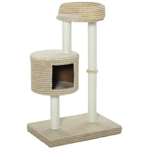 Arbre À Chats Style Cosy Chic Griffoirs Jute Naturelle Niche Plateforme Peluche Courte Bicolore Beige Café