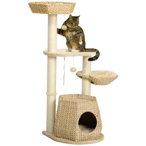 Arbre À Chat Style Cosy Chic Griffoirs Sisal Naturel Niche 2 Paniers Avec Coussins Plateforme 2 Boules Suspendues Quenouille Peluche Courte Crème Beige