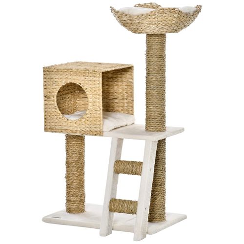 Arbre À Chat Style Cosy Chic Griffoirs Quenouille Échelle Niche Panier 2 Coussins Inclus Peluche Courte Polyester Haute Densité Crème Beige