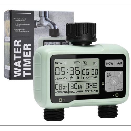 Programmateur Arrosage Automatique 2 Voies, Minuteur Arrosage pour Jardin, Mode Verrouillage Enfant, Mode Automatique et Manuel, Retard De Pluie, IPX5