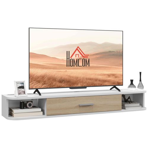 Meuble TV mural banc TV design flottant - 2 niches, porte abattante - dim. 120L x 26l x 16H cm - blanc aspect chêne clair