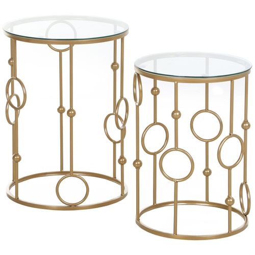 Tables Gigognes Lot De 2 Tables Basses Rondes Design Style Art Déco Ø 41 Et Ø 36 Cm Métal Doré Verre Trem