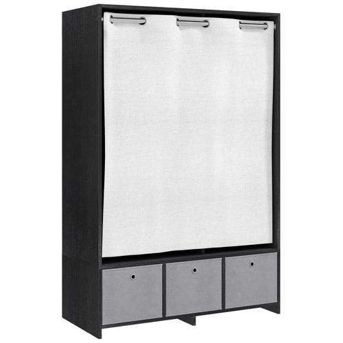 Vestiaire D'entrée - Barre De Penderie, 3 Niches, 3 Tiroirs Tissu, Rideau - Panneaux Noir Polyester Lin Gris Clair