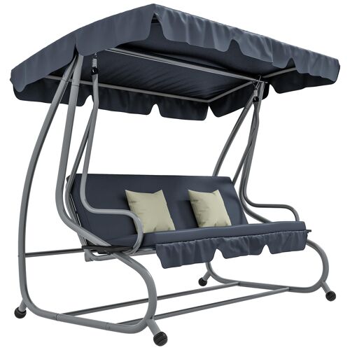 Balancelle De Jardin 3 Places Convertible Toit Inclinaison Réglable 2 Tablettes Support Coussins Acier Polyester Gris