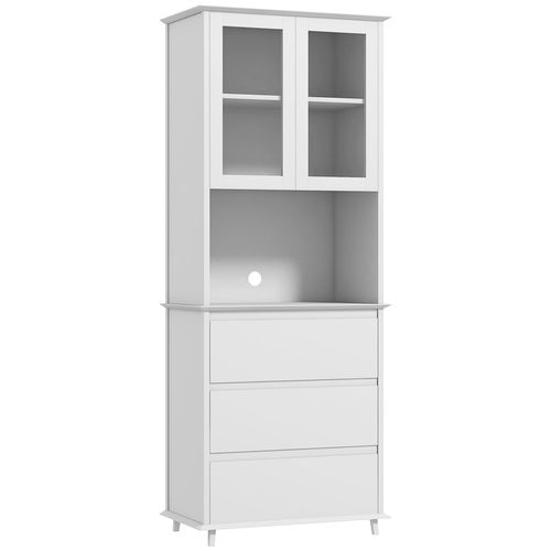 Buffet Haut De Cuisine 2 Portes Vitrées Étagère Niche 3 Tiroirs Dim. 68l X 38l X 172h Cm Mdf Blanc