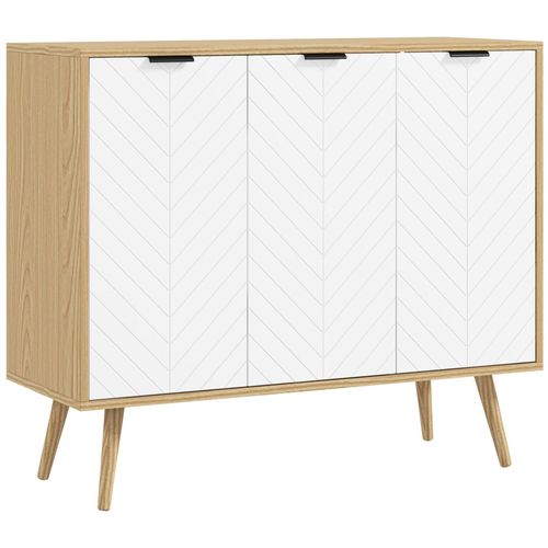 Buffet Design Scandinave 3 Portes 2 Étagères Piètement Bois De Pin Panneaux Portes Motif Chevrons Blanc Aspect Bois Clair