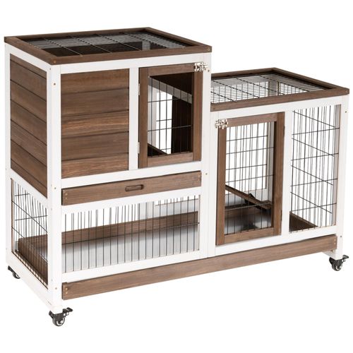 Clapier À Lapin Sur Roulettes Cage À Lapin 2 Étages 2 Portes Verrouillables 2 Plateaux Coulissants Rampe Bois De Sapin Marron Blanc