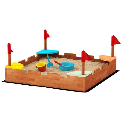 Bac À Sable En Bois Design Muraille - 4 Drapeaux Et Sièges, Doublure - Dim. 90 X 90 X 17 Cm - Bois Sapin Pré-Huilé