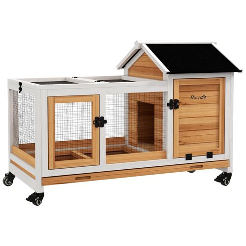 Clapier À Lapin Sur Roulettes Cage À Lapin Porte, Rampe Trappe Verrouillables Toit Ouvrant Niche Bois Sapin Acier Naturel Blanc