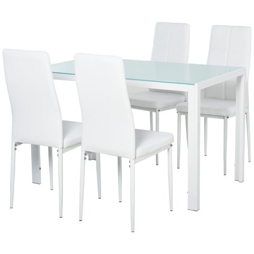 Ensemble Table À Manger Rectangulaire Et 4 Chaises Grand Confort Métal Blanc Plateau Verre Trempé 8 Mm