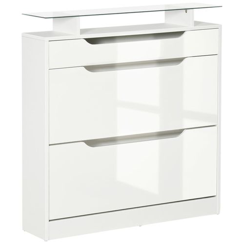 Armoire À Chaussures Avec 2 Tiroirs Rabattables + 1 Tiroir Coulissant + 1 Comptoir Et 1 Plateau En Verre Étagère Réglable Sur 2 Niveaux 89 X 23 X 96 Cm Blanc