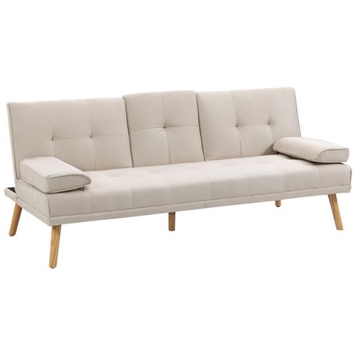 Canapé Convertible 3 Places Design Scandinave Inclinaison Dossier Réglable 3 Niveaux Dossier Central Rabattable 2 Porte-Verres Bois Massif Lin Beige