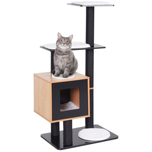 Arbre À Chats Design Contemporain Griffoirs Grattoirs Sisal Naturel Centre D'activités Niche Plate-Formes Jeu Boules Suspendues 71l X 49l X 120h Cm Mdf Noir Hêtre