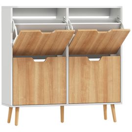 Meuble À Chaussures Design Scandinave 4 Portes Abattantes 4 Étagères Réglables Bois Pin Panneaux Bois Blanc