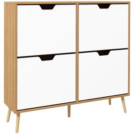 Meuble À Chaussures Design Scandinave 4 Portes Abattantes 4 Étagères Réglables Bois Pin Panneaux Bois Clair Blanc