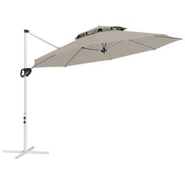 Parasol Déporté Octogonal Inclinable Rotatif Dia. 3 X 2,5 M Manivelle Piètement Croisé Métal Tissu Gris Clair