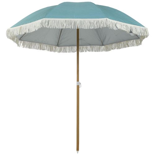 Parasol De Plage Design À Franges Dia. 1,7 M H. Réglable Mât Effet Bois Tissu Upf50+ Sac Transport Bleu