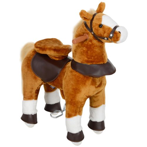 Porteur cheval pour enfant +3 ans cheval debout en peluche 4 roulettes effet sonore marron blanc