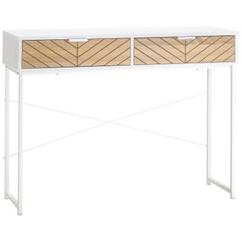 Table Console Industriel 2 Tiroirs Aspect Bois De Chêne Sculpté Motif À Chevrons Piètement Métal Blanc
