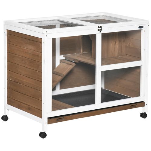 Clapier À Lapin Sur Roulettes Cage À Lapin 2 Niveaux Toit Ouvrant Verrouillable Plateau Déjection Coulissant Rampe Niche Bois De Sapin Marron Blanc