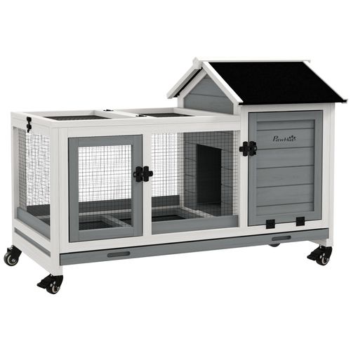 Clapier À Lapin Sur Roulettes Cage À Lapin Porte, Rampe Trappe Verrouillables Toit Ouvrant Niche Bois Sapin Acier Gris Blanc