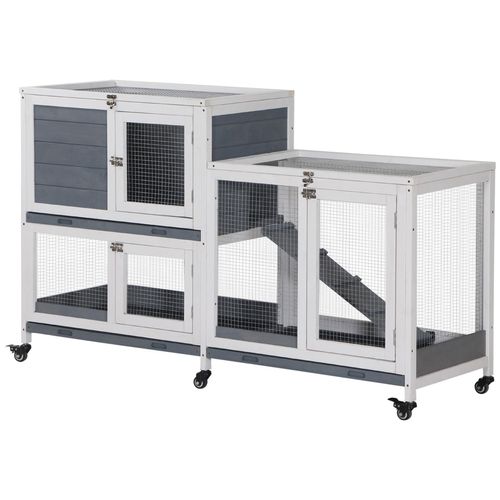 Clapier À Lapin Sur Roulettes 2 Niveaux - Niche, Rampe, Plateaux, Portes - Métal Bois Blanc Gris