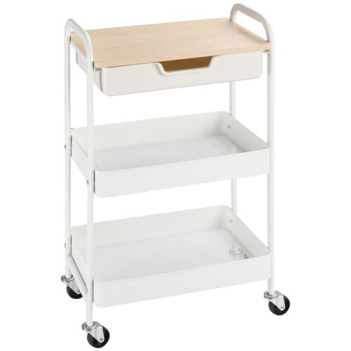 Desserte De Cuisine Chariot De Service 2 Étagères Tiroir Plateau Aspect Bois Clair Acier Pp Blanc