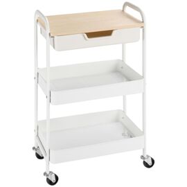 Desserte De Cuisine Chariot De Service 2 Étagères Tiroir Plateau Aspect Bois Clair Acier Pp Blanc