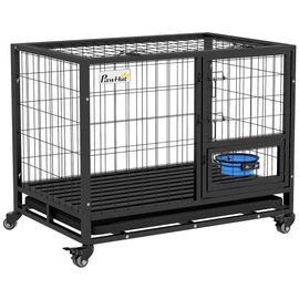 Cage Pour Chien Sur Roulettes 2 Portes Verrouillables - Support Gamelle, Plateau Amovible - Acier Noir