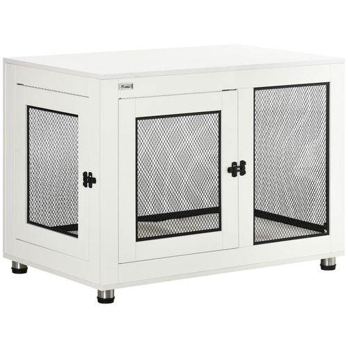 Cage Pour Chien Sur Pied Style Industriel - 2 Portes Verrouillables, Coussin Inclus - Acier Maillé Noir Panneaux Aspect Bois Blanc