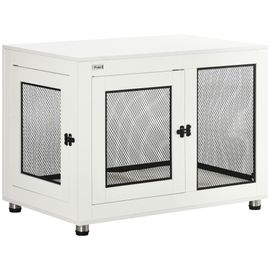 Cage Pour Chien Sur Pied Style Industriel - 2 Portes Verrouillables, Coussin Inclus - Acier Maillé Noir Panneaux Aspect Bois Blanc