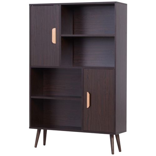 Bibliothèque Scandinave 4 Niches + 2 Placards Avec Étagère Dim. 80l X 24l X 123h Cm Pieds Effilés Inclinés Bois Massif Panneaux Particules Wengé
