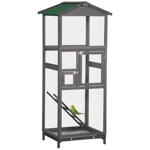 Cage À Oiseaux Volière Grande Taille 2 Portes Toit Asphalte Tiroir Amovible Bois Gris