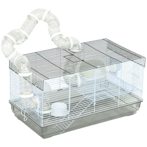 Cage Rongeur Hamster - Tunnel, Poignée, Accessoires - Plastique Acier Gris Blanc