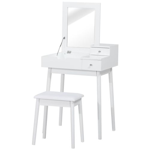 Coiffeuse Table De Maquillage Avec Tabouret Miroir Rabattable Coffre + 2 Tiroirs Mdf Bois Massif Pin Blan