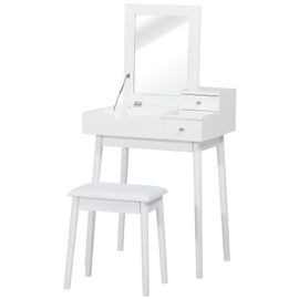Coiffeuse Table De Maquillage Avec Tabouret Miroir Rabattable Coffre + 2 Tiroirs Mdf Bois Massif Pin Blan