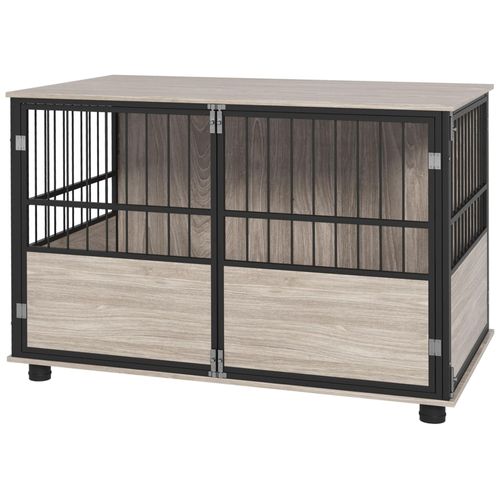 Cage Pour Chien Animaux Style Industriel - Porte Coulissante Verrouillable - Acier Noir Panneaux Aspect Bois