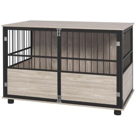 Cage Pour Chien Animaux Style Industriel - Porte Coulissante Verrouillable - Acier Noir Panneaux Aspect Bois