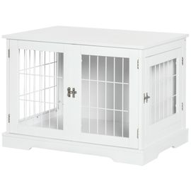 Cage Pour Chien Animaux Table D'appoint 2 En 1 - 2 Portes Verrouillables - Dim. 76l X 54,5l X 56h Cm - Mdf Acier Blanc