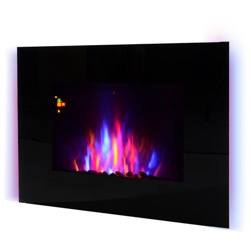 Cheminée électrique murale LED 7 effets flammes + 7 couleurs ambiance + galets télécommande thermostat 1000-2000 W minuterie noir