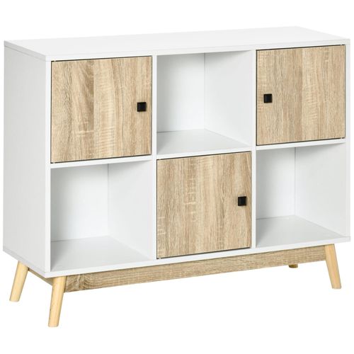 Bibliothèque Meuble De Rangement Design Scandinave 3 Niches 3 Portes Panneaux Particules Blanc Aspect Chêne Clair