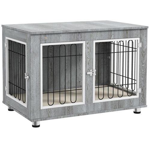 Cage Pour Chien Sur Pied - 2 Portes Verrouillables, Coussin Déhoussable Inclus - Acier Filaire Noir Panneaux Aspect Bois Gris