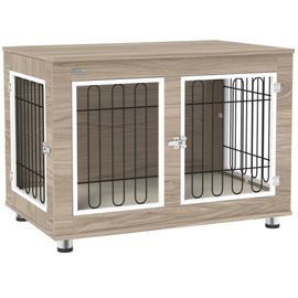 Cage Pour Chien Sur Pied - 2 Portes Verrouillables, Coussin Déhoussable Inclus - Acier Filaire Noir Panneaux Aspect Bois Brun