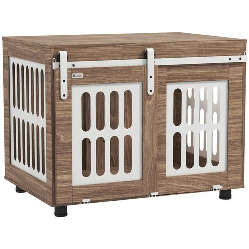 Cage Pour Chien En Bois - Porte Coulissante Verrouillable - Dim. 80 X 59 X 63 Cm - Acier Beige Effet Bois Noyer