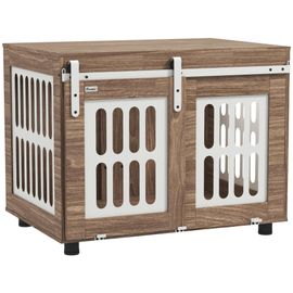 Cage Pour Chien En Bois - Porte Coulissante Verrouillable - Dim. 80 X 59 X 63 Cm - Acier Beige Effet Bois Noyer
